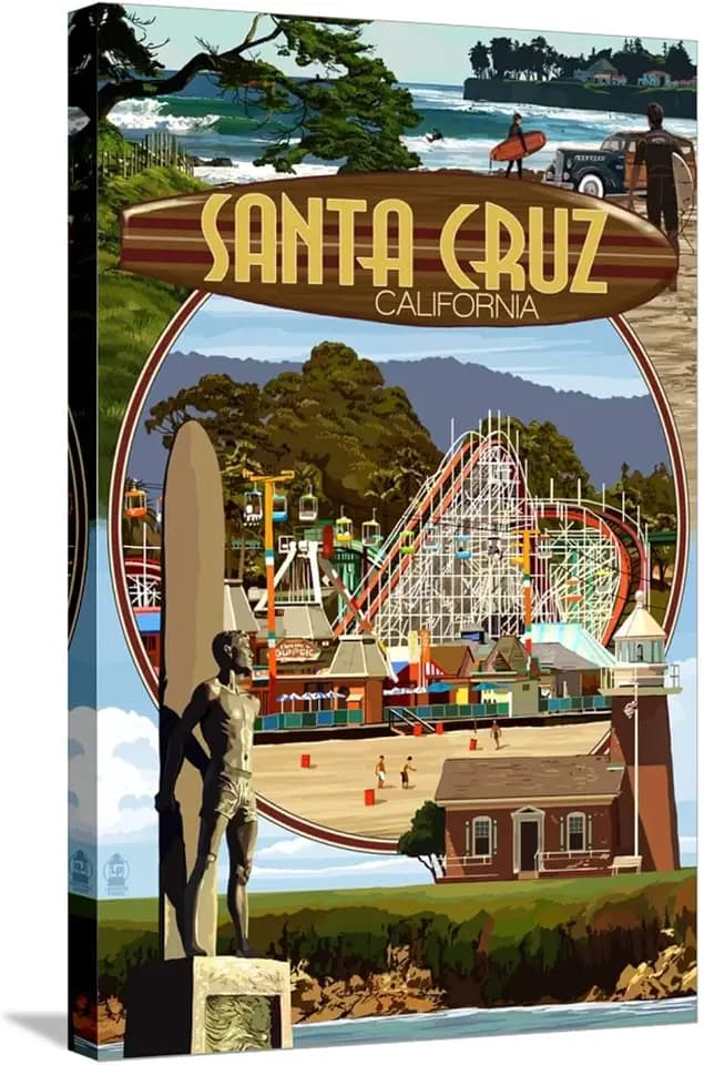 ART.COM Stretched Canvas Print Santa Cruz, California - Scenes Montage by Lantern Press, 16" x 24"