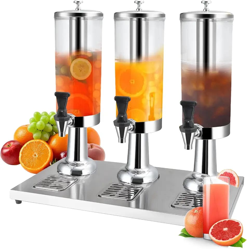 1 Gallon Commercial Beverage Dispenser with Centre Ice Core and Stand Drip Trays Stainless Steel Cold Drink Dispenser for Parties Pub Cafeteria Restaurant Home Hotel (silver, three head)