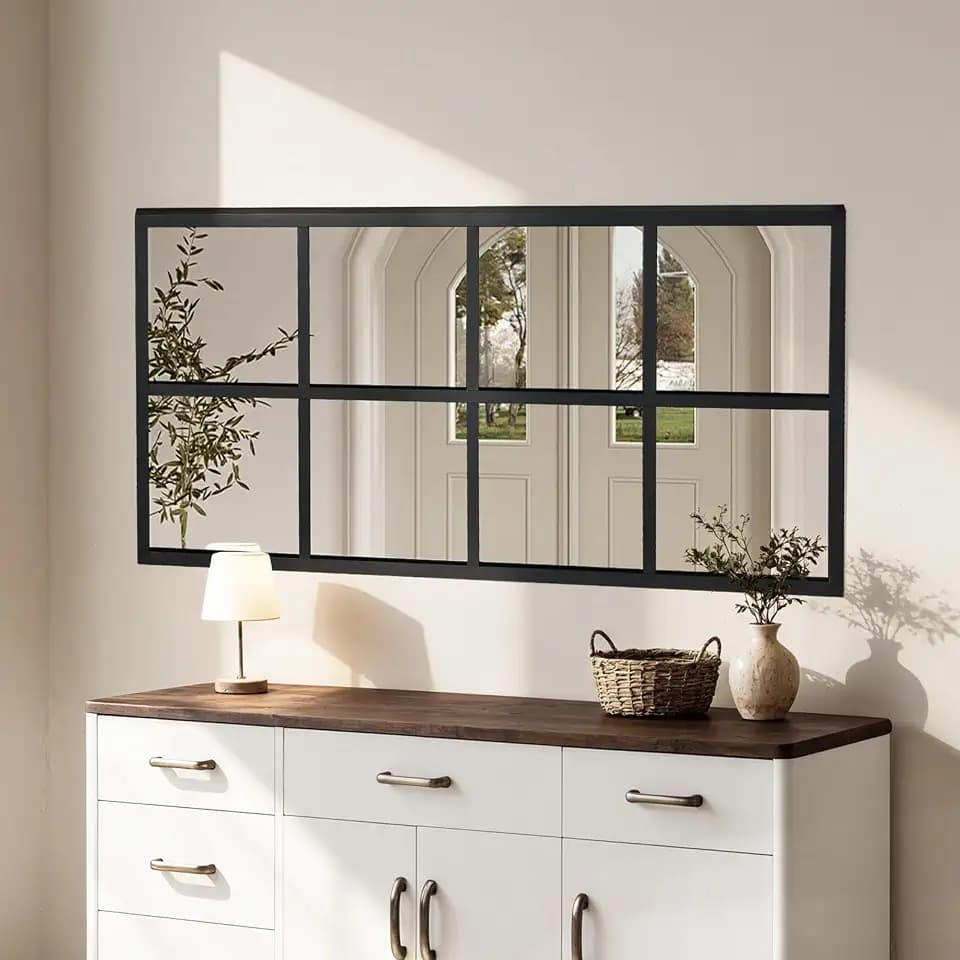 DUMOS 2Pcs Window Pane Wall Mirror, 16x32 Inch Black Framed Mirrors for Wall Decor Living Room, Black Metal Framed Big Square Mirror for Bathroom, Bedroom, Entryway