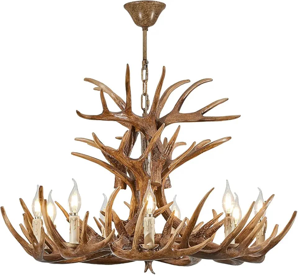 Vintage Antler Chandelier Lighting 9-Light Deer Antler Ceiling Light Fixture with Chain Mount, Brown Art Deco Lighting for Living Room Dinning Room (9 Lights +6arms)