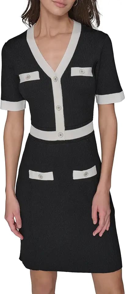 Karl Lagerfeld Women's Contrasting Colors Knit Buttons Aline Dress