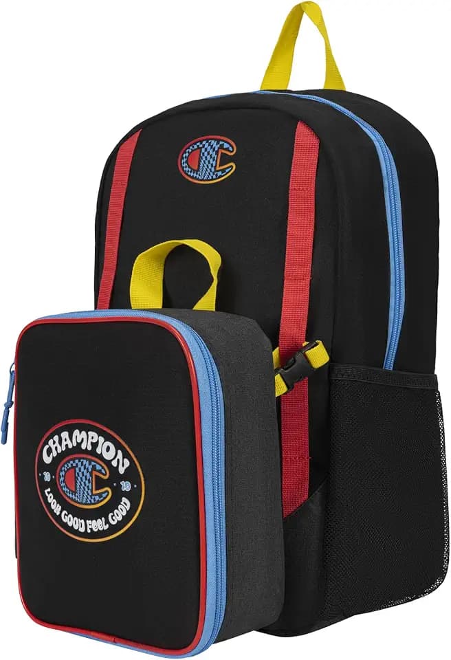Champion Kids' Mode 2-Piece Backpack and Insulated Lunch Box Combo Set with Laptop Compartment, Padded Straps, Water Bottle Pocket for Daily Use, Black/Dark Heather/Vibrant, One Size