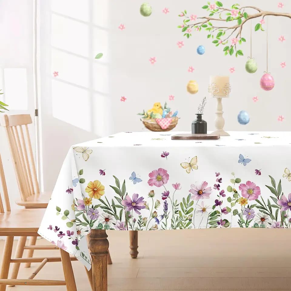 Spring Tablecloth 60 x 102 Inch, Wildflowers Floral Butterfly Table Cloth, Stain and Wrinkle Resistant Washable Rectangle Table Cover for Indoor Outdoor Holiday Party Picnic Dinner Decor