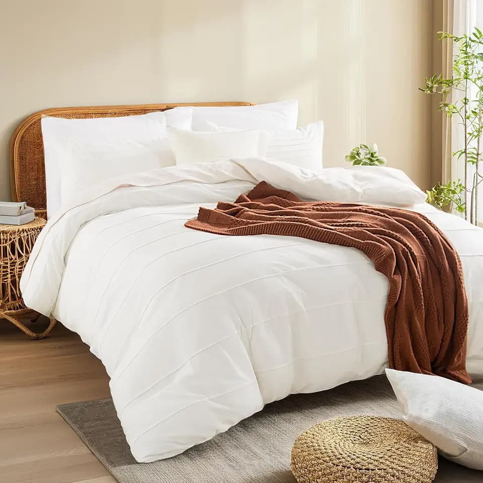NEXHOME PRO Organic Cotton Duvet Cover Queen,Pleated,White