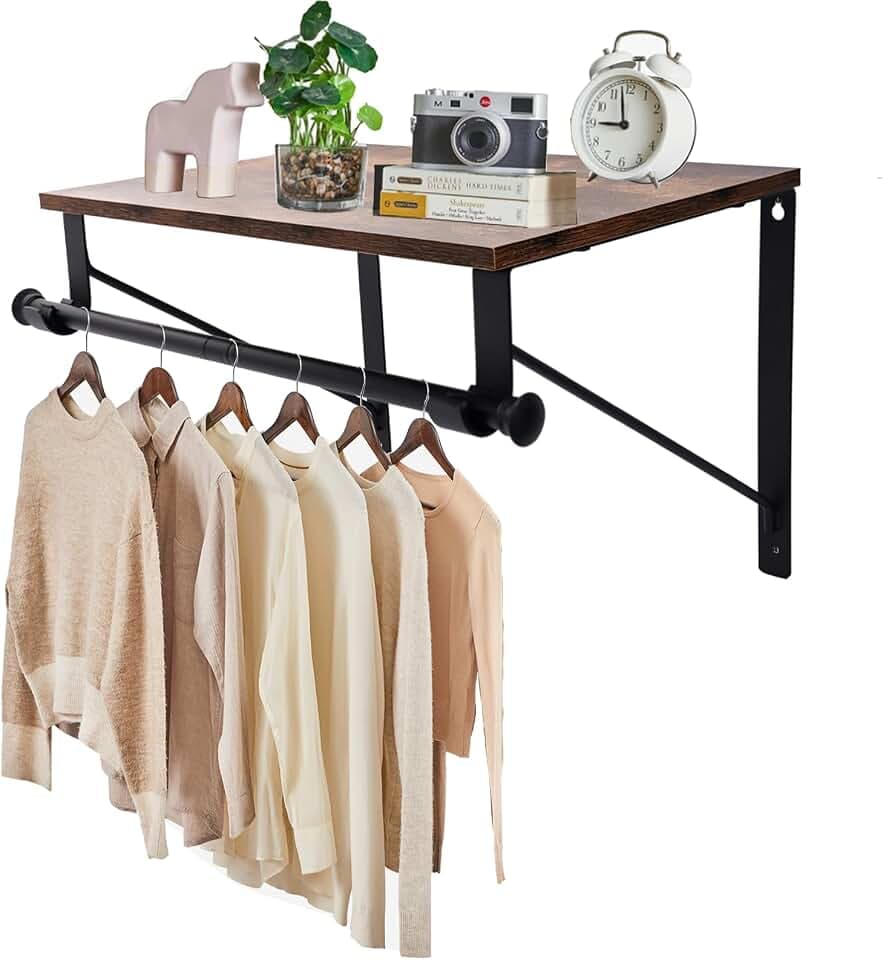 Wall Mounted Shelf with Hanging Rod, Laundry Room Shelves, Space Saving Organization for Bedroom, Bathroom, Laundry Room, Closet, Kitchen & Front Door