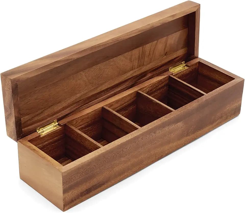 Ironwood Gourmet Large 5 Compartment Tea Box, Acacia Wood Tea Bag Organizer With Lid