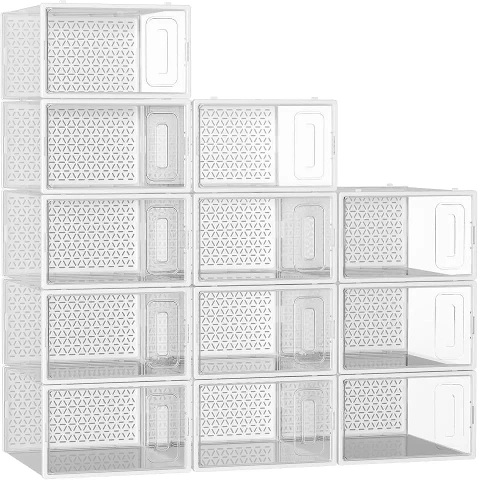 Shoe Boxes, 12 Pack Clear Plastic Stackable Shoe Storage Boxes Fit US Size 10, Ventilated Dust-Proof Sneaker Containers, Shoe Organizer for Closet, Entryway, 13.1 x 9 x 5.5 Inches, White
