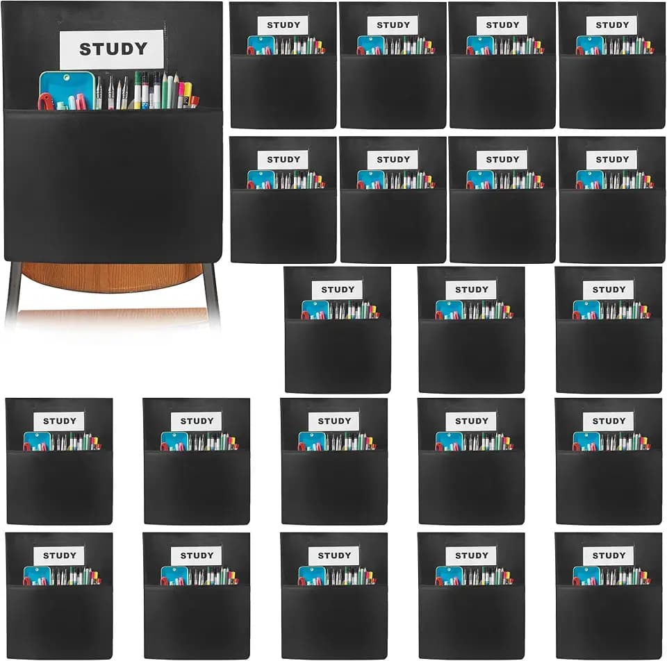 24 PCS Chair Pockets forClassrooms,19.5"x16.5" Seat Sacks for Classroom ChairsK-2, Classroom Student Chair Pockets for Kindergarten,Classroom,School, and Home Seating Storage, Black.
