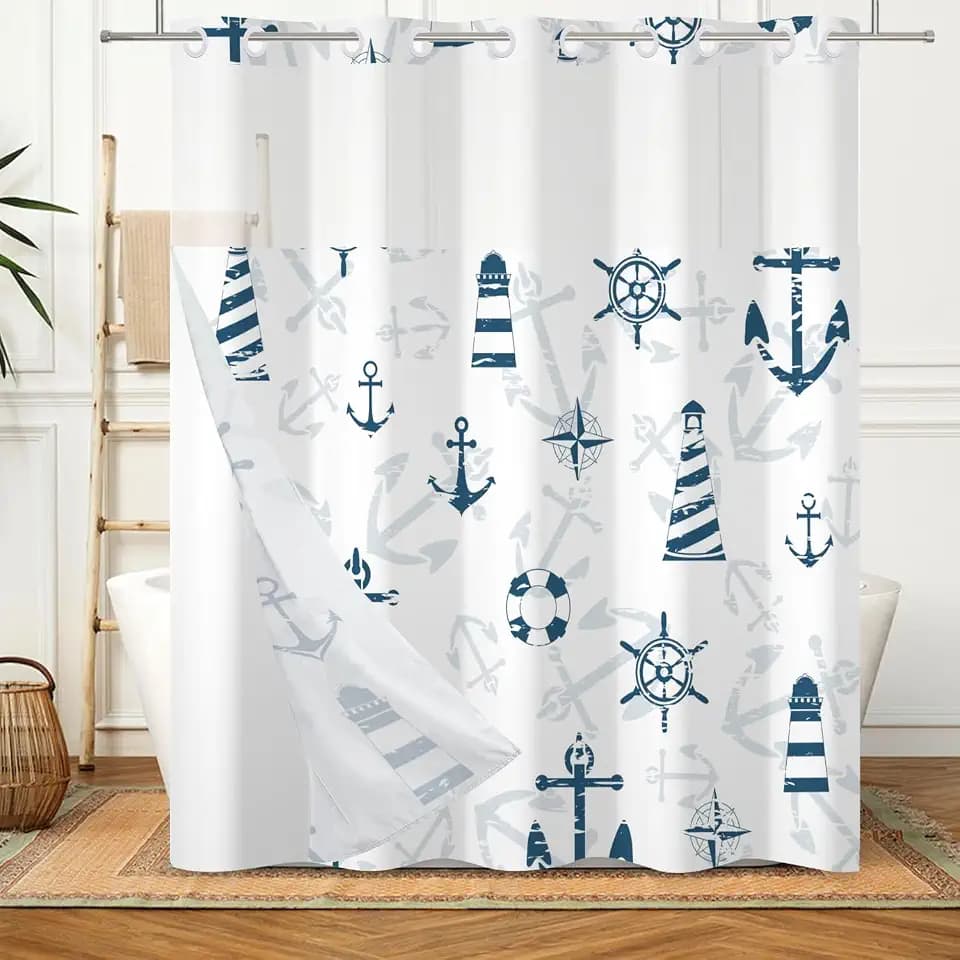 No Hooks Shower Curtain with Snap in Liner Set Nautical Shower Curtains for Bathroom Lighthouse Anchor Decorative Bath Curtain Polyester Fabric Waterproof Bathroom Decor 71x74in