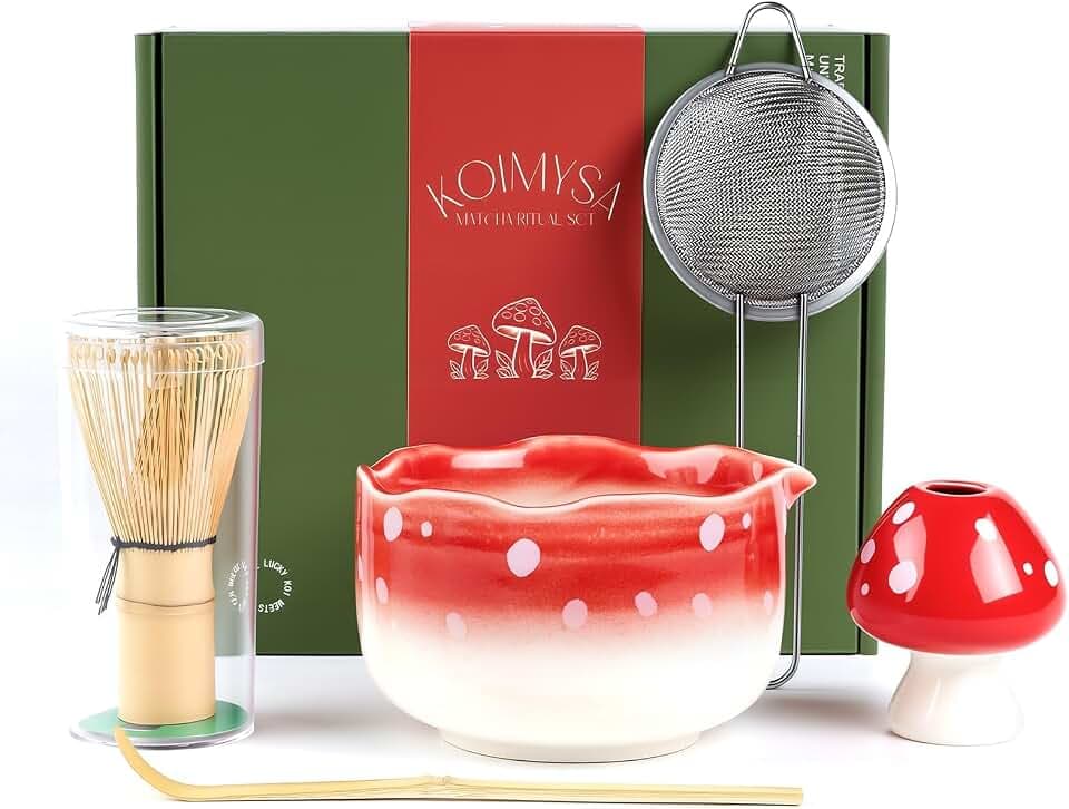 Cute Matcha Set Kit With Mushroom Design Bowl And Whisk Holder, Red