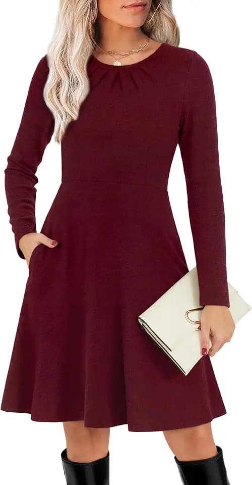 Kranda Women Long Sleeve Crew Neck Fall Midi Sweater Dress with Pockets
