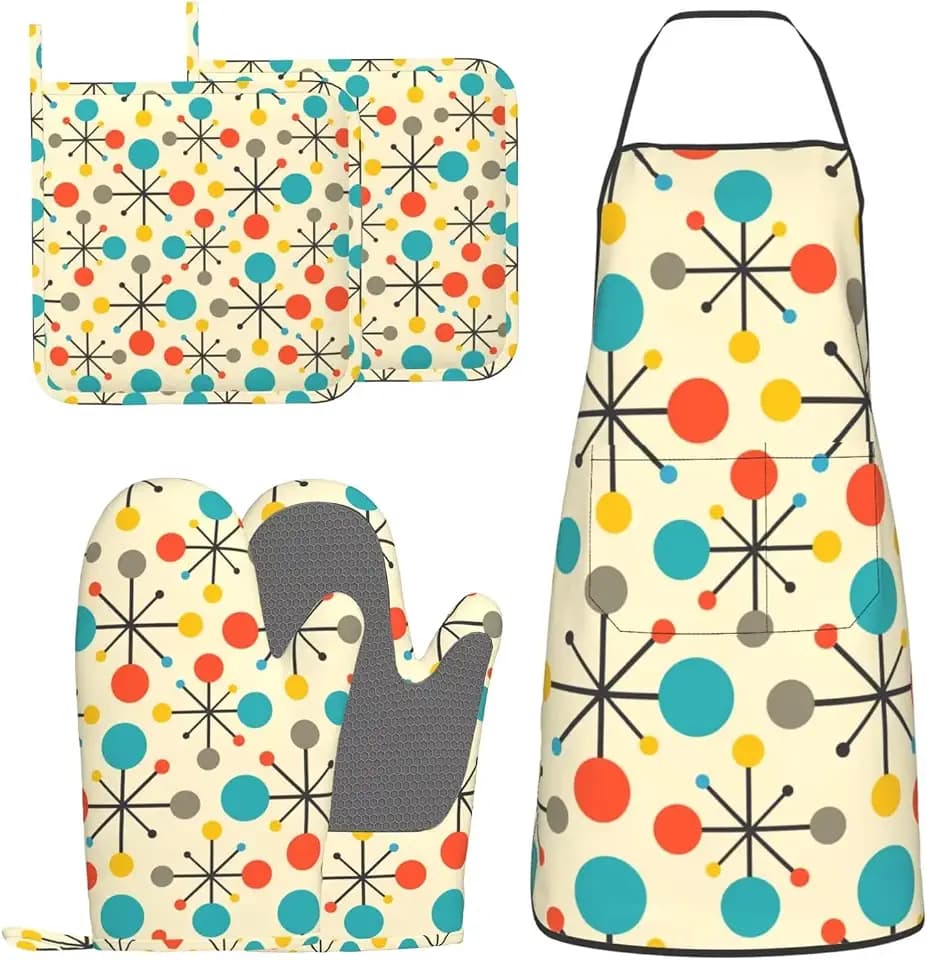 Mid Century Fifties Modern Atomic Retro Colors Oven Mitts and Pot Holders With Apron Set of 5 Silicone Kitchen Mitten and Non-Slip Potholders Apron Set Heat Resistant Oven Gloves Hot Pads Set