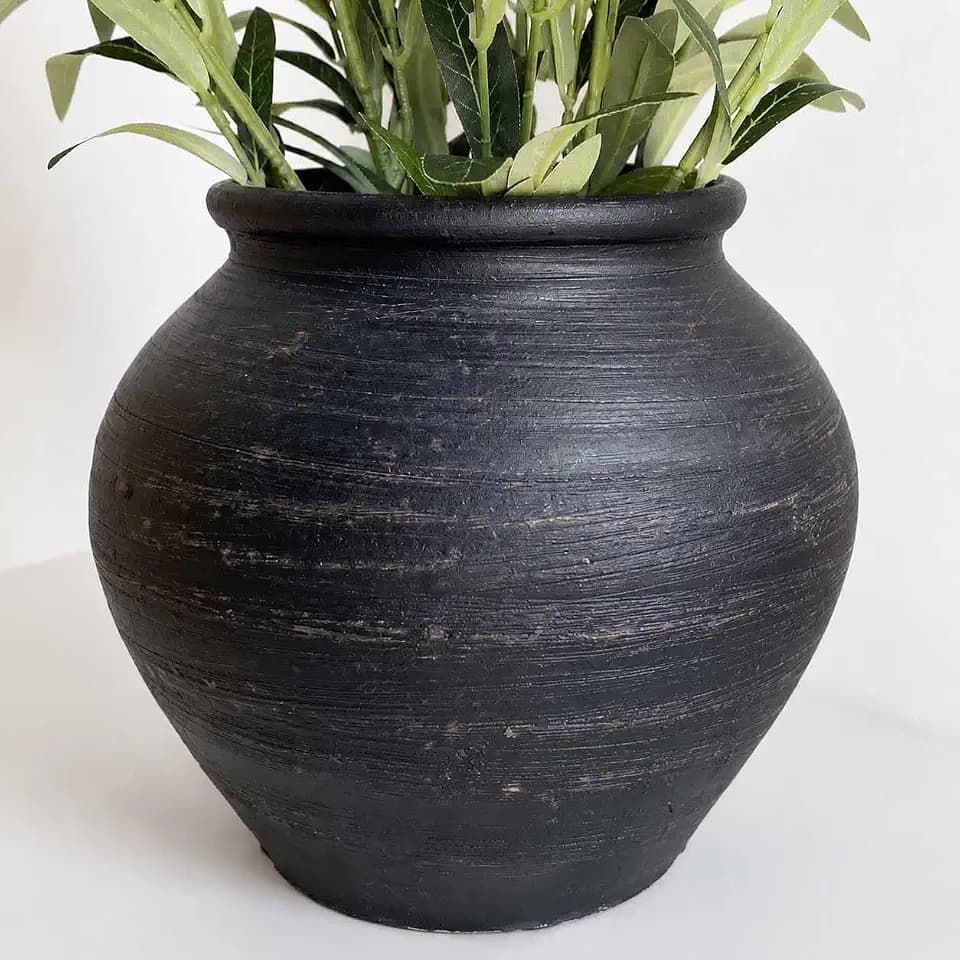 10'' Handmade Clay Black Rustic Textured Vase,Rustic Round Black Terracotta Farmhouse Vase Heavyweight