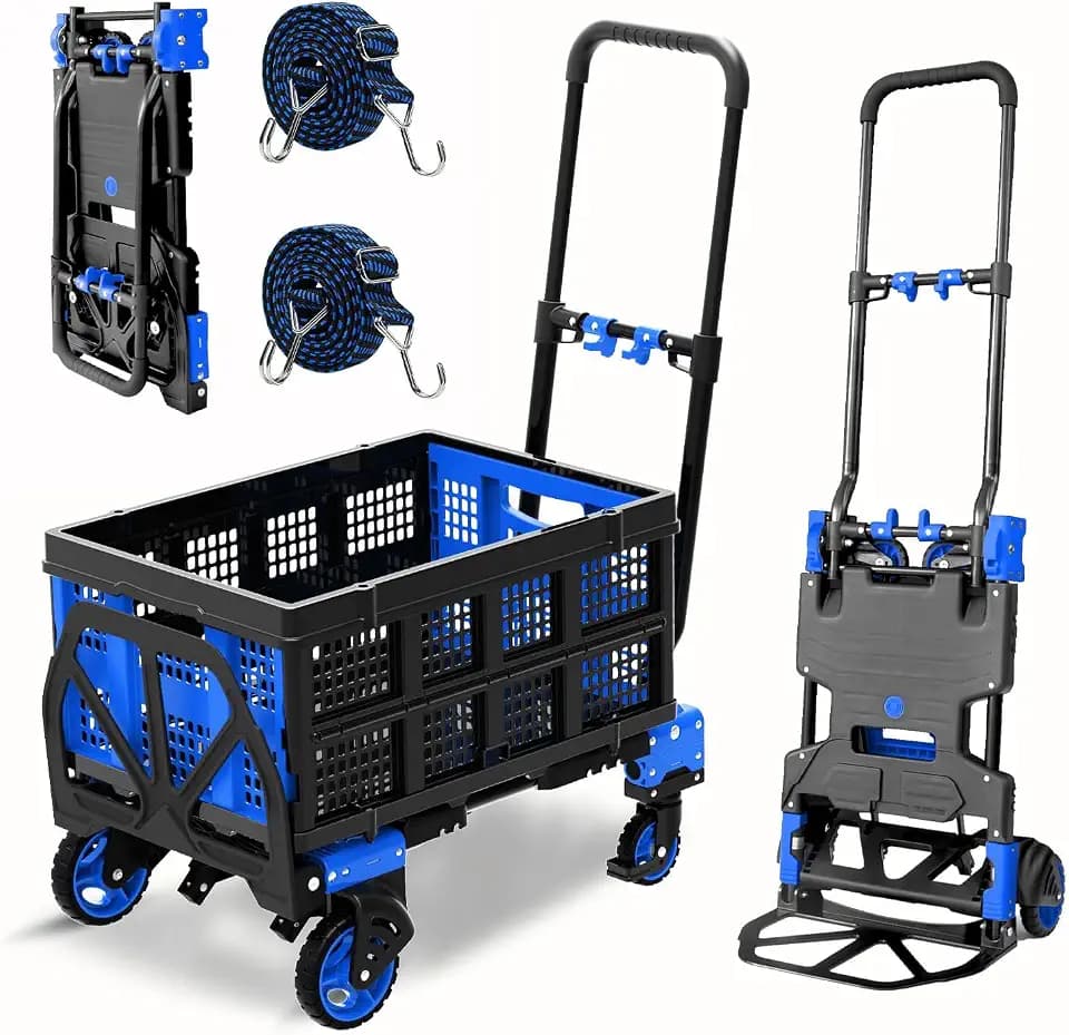 2-in-1 Hand Truck Dolly with Folding Basket, 330LB Heavy Duty Carrying Portable Handtruck, Folding Hand Dolly with 4 Wheels&Retractable Handle for Moving, Luggage, Shopping, Office