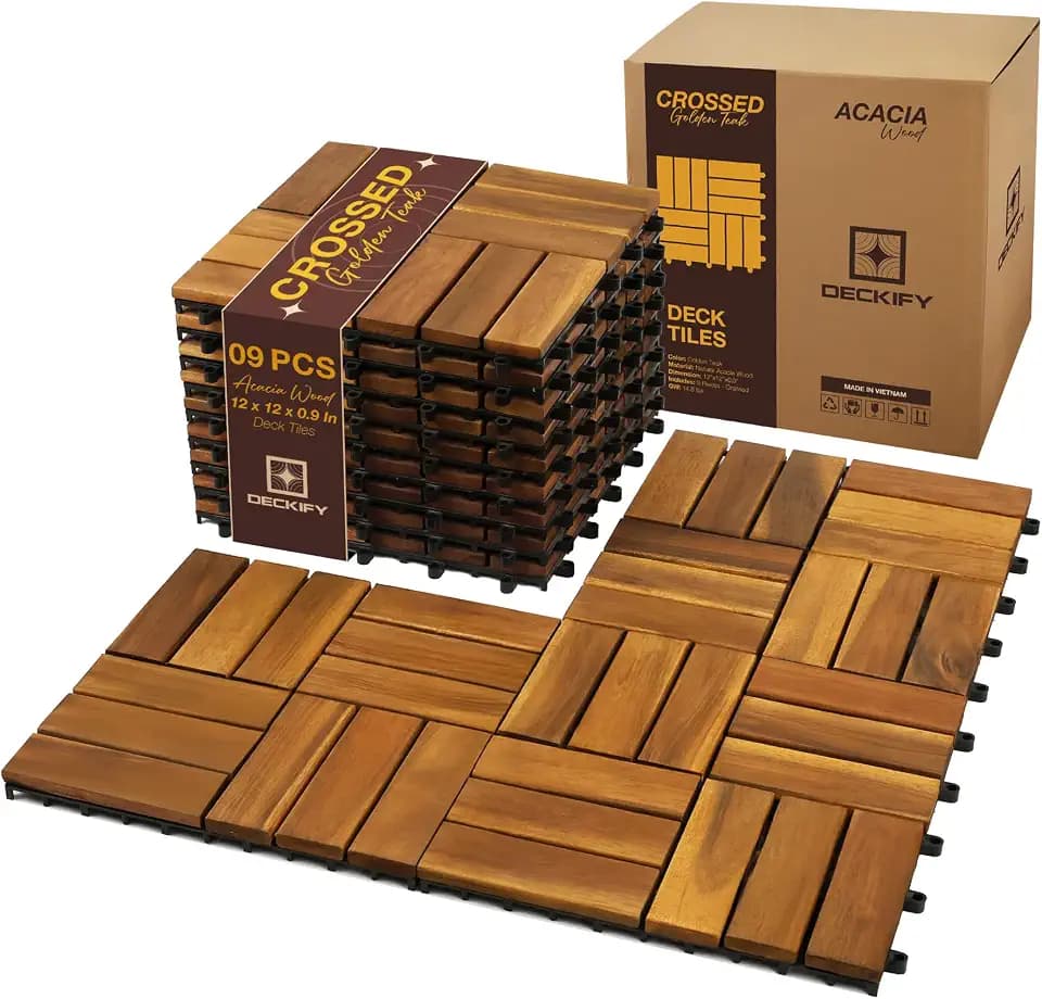 9-Piece Acacia Wood Interlocking Deck Tiles, Golden Teak Crossed