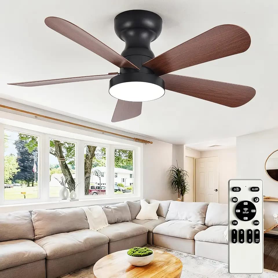 Depuley Small Ceiling Fan with Lights: 35-Inch Flush Mount Fan with Light and Remote - Low Profile Ceiling Fans Reversible Quiet DC Motor for Bedroom Living Room Indoor Outdoor, Walnut