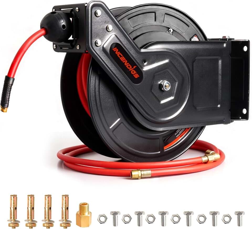 Retractable Air Hose Reel - 1/4" x 50 FT Hybrid Polymer Air Compressor Hose Reel, Heavy Duty Industrial Steel Single Arm with 6.56 FT Lead-in, Max 300 PSI, 180° Swivel Wall/Ceiling Mount