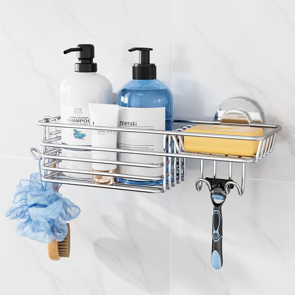 TAILI Shower Caddy Suction Cup with Hooks & Soap Holder, Silver