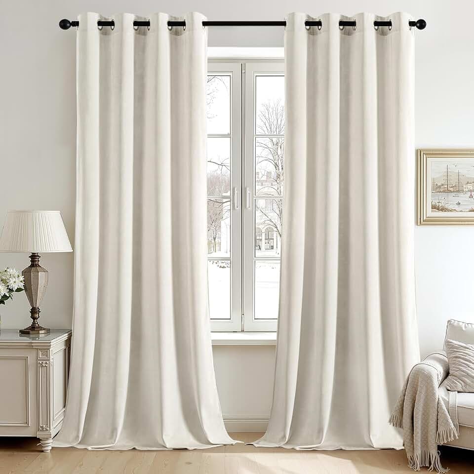 ANRODUO Ivory White Velvet Curtains 108 Inch Length for Bedroom 2 Panels