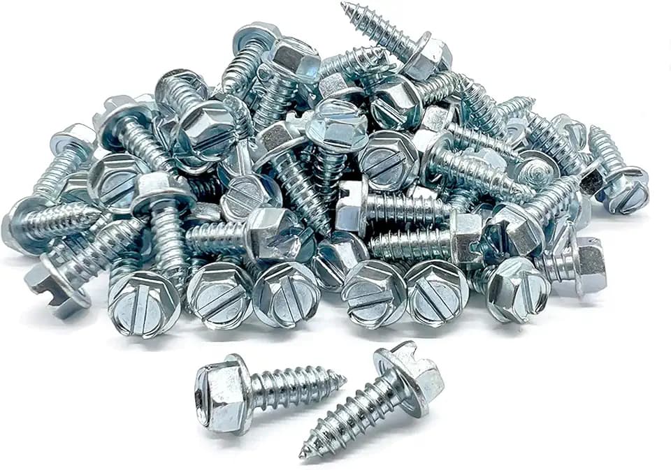 100 Pack License Plate Screws for Front and Back License Plates and License Plate Frames and Covers on Cars, Trucks, SUVs - Rust Resistant, #14x3/4 Slotted Hex Washer Self Tapping Screws Zinc Clear