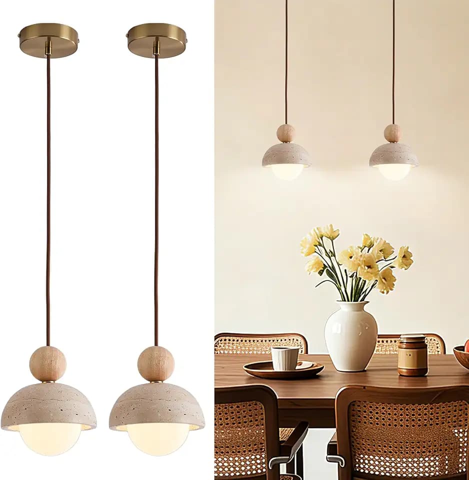 Wabi Sabi Pendant Light Set of 2, Yellow Travertine Pendant Light Fixture, 5.9 in Natural Stone & Wood Hanging Lamp for Kitchen Island, Hallway, Bedroom Bedside, Dining Room (G9 Base)