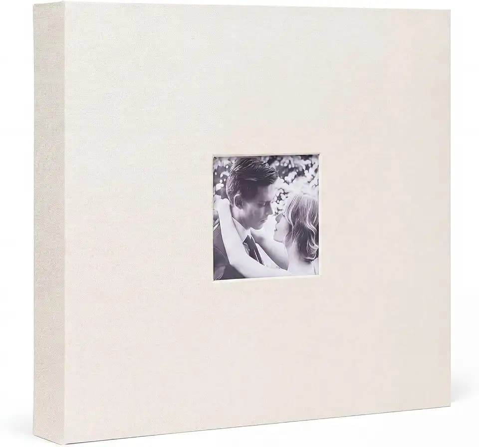 3 Ring Binder 12x12 Inch Large Scrapbook Photo Album, Linen Cover Scrap Book with 50 Plastic Sleeves 100 Pages Junk Journaling White Pages for Wedding Couples Baby Travel Women kids (Ivory)