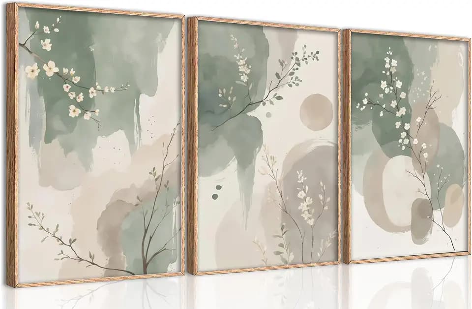 3 Piece Watercolor Botanical Canvas Wall Art Sage Green Beige Prints Painting Picture Wall Decor Modern Zen Floral Poster Print Artwork for Dining Bedroom Living Room Office Home Decoration