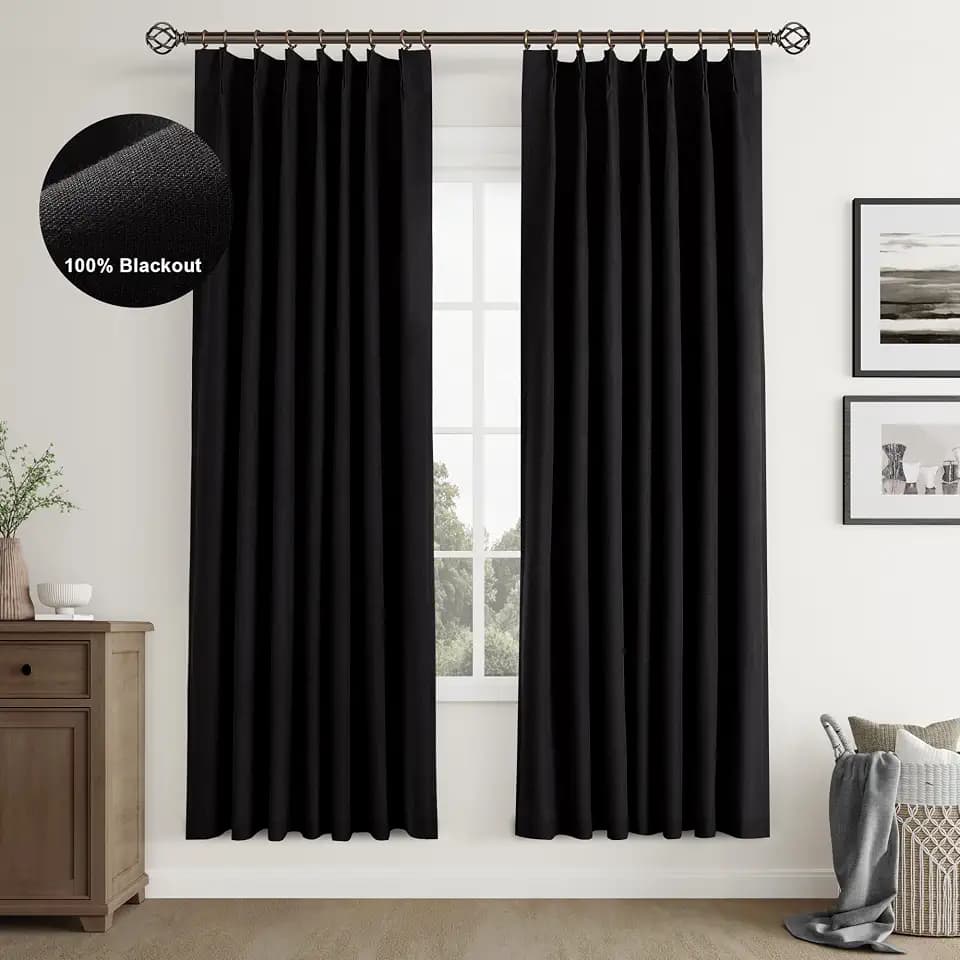 Joywell 100% Blackout Linen Pinch Pleated Curtains 72 Inch Long, Back Tab Drapes with Hooks Room Darkening Thermal Insulated Black Out for Guest Bedroom Living Room,W40 x L72,Black,2 Panels Set