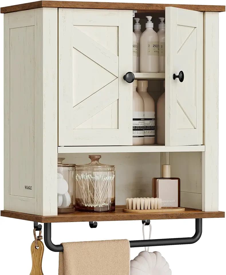 VASAGLE Bathroom Cabinet with Towel Bar, Wall-Mounted, 2 Barn Doors