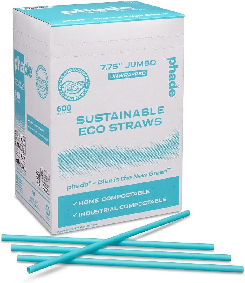 phade Eco-Friendly 7.75" Jumbo Drinking Straws, Un-wrapped 6000 Count - Sustainable Marine Biodegradable, Compostable, 10 Pack