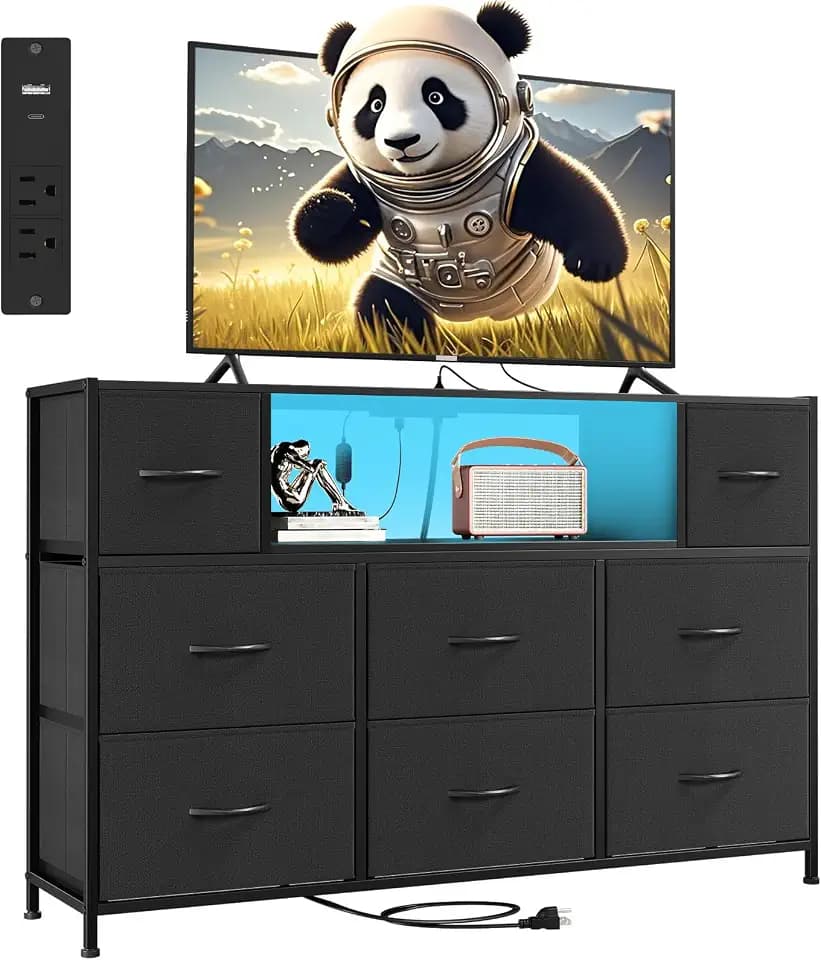 Somdot Black Dresser TV Stand for 55-Inch TV, RGB LED, Charging Station