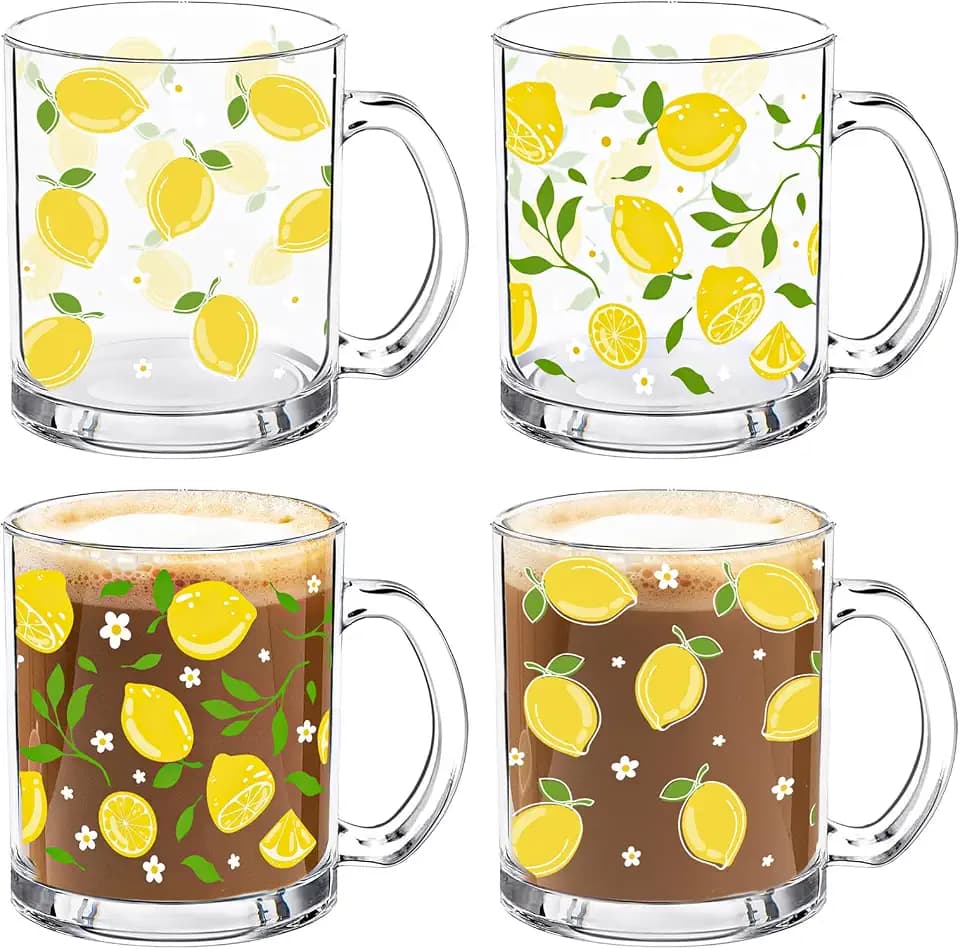 Whaline 4Pcs Lemon Glass Coffee Mugs with Handle Lemon Leaves Coffee Cups Summer Beverage Mugs for Hot Cold Drinks Water Tea Milk
