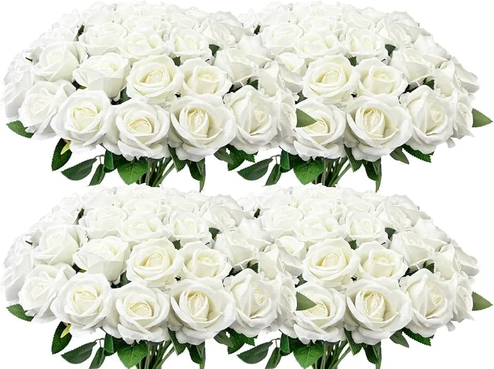 100 PCS Bulk Artificial Flowers,Fake Velvet Silk White Roses W/ Long Stems
