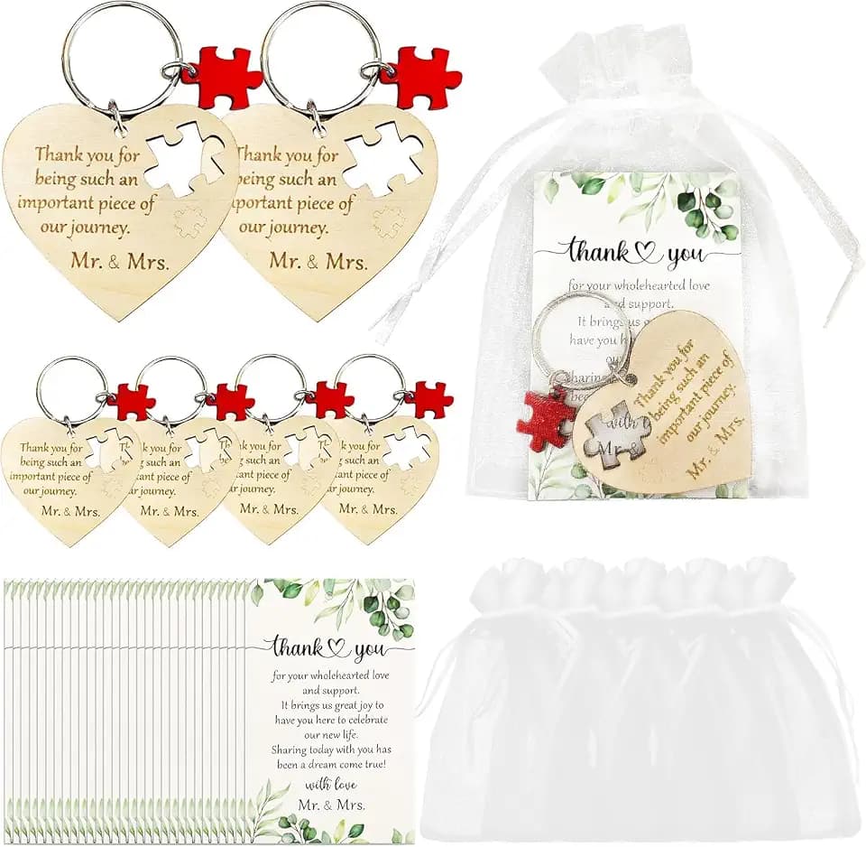 Wedding Favors for Guests Bulk 100: Wood Heart Puzzle Keychain Card & Bag