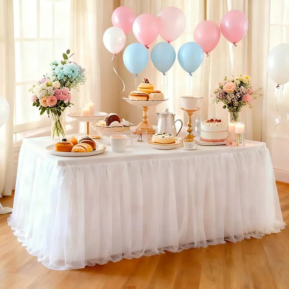 1-Pack White 2-in-1 Tulle Tablecloth for 4-Foot Rectangular Table