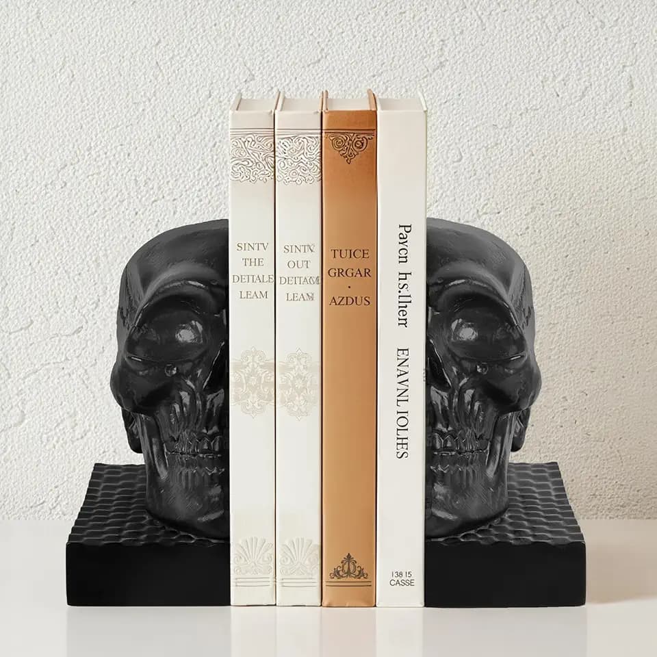Skull Book Ends, Decorative Bookends for Shelves, Antique Gothic Style Skull Bookend Design Resin Skeleton Human Head Statue Halloween Décor (Black)
