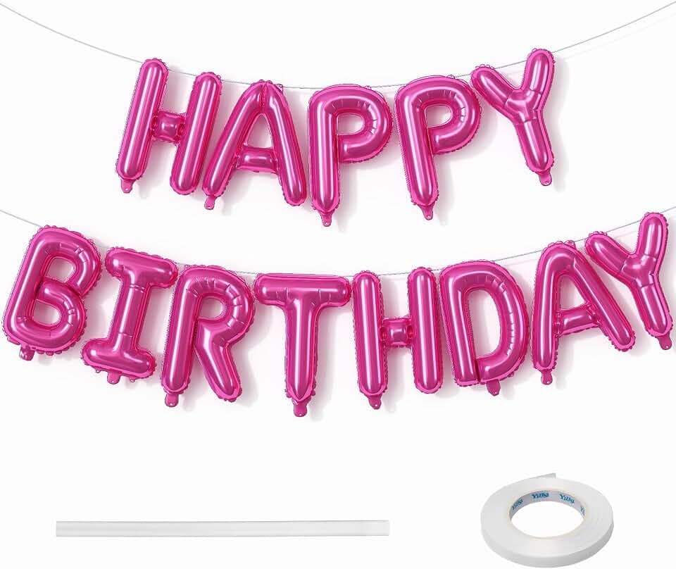 Happy Birthday Balloon Banner - 16 Inch Hot Pink Foil Mylar Sign Bunting Self Inflating Letter Balloons for Girls Women Party Decorations Supplies