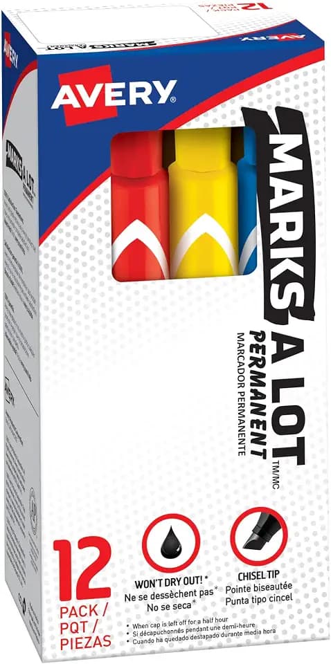 Avery Marks A Lot Permanent Markers, Chisel Tip, 12 Assorted Markers