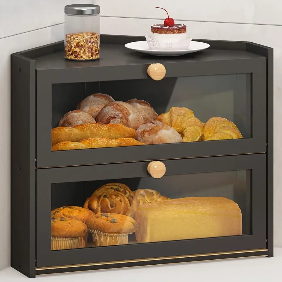 JANSNIMEN Corner Bread Box for Kitchen Countertop Bamboo Bread Holder