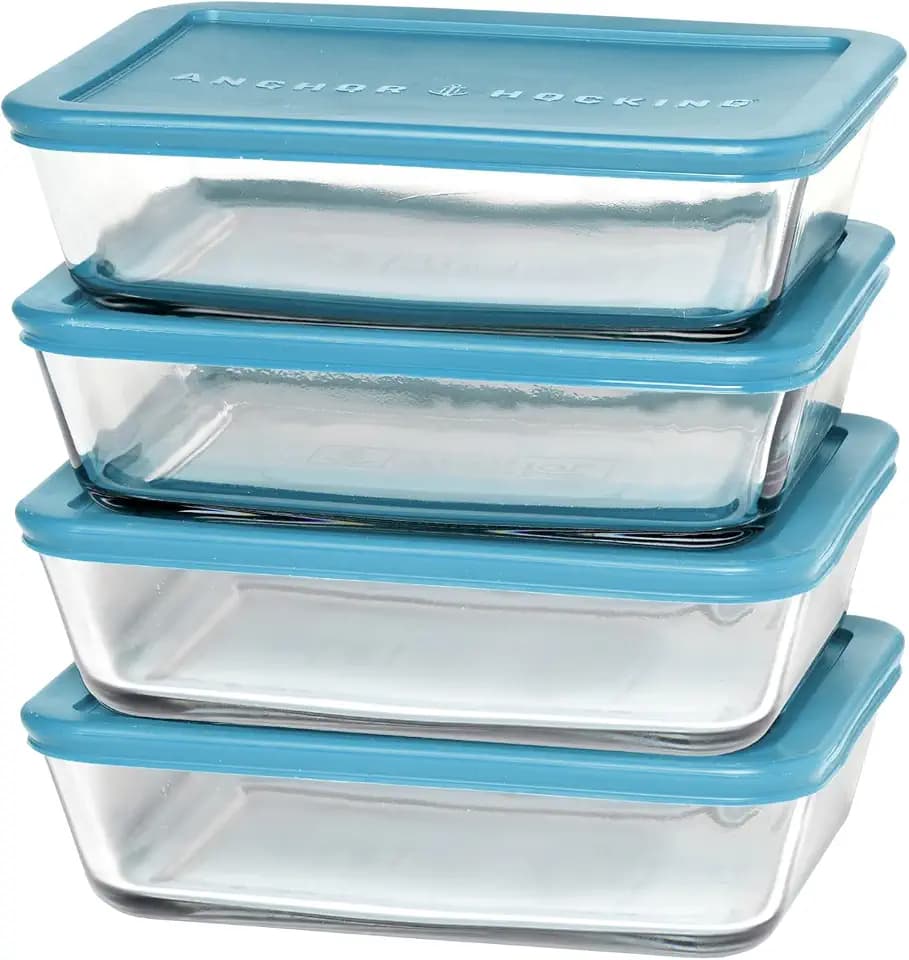 Anchor Hocking SnugFitTM Rectangular Food Storage Containers with Lids (4-Piece, 6-cup, Teal, oven-safe)