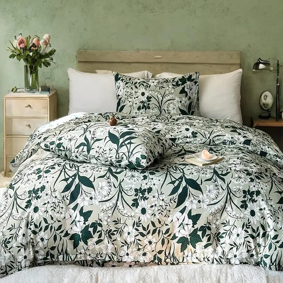 Helthep Floral Duvet Cover King, 100% Cotton Green Floral Printed Duvet Cover Pattern Comforter Cover King, 3PCS Green Botanical Vintage Flower Duvet Cover for King Size Bed(No Comforter)