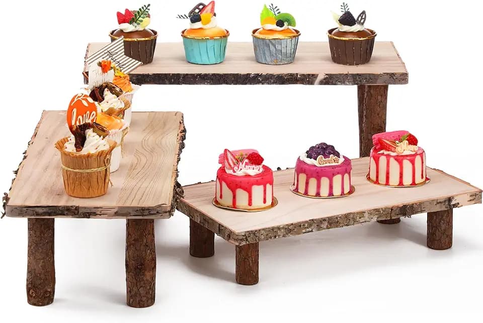 Jetec 3 Tier Wood Display Riser Cupcake Stands Rectangle Wooden Cake Stand Dessert Display Set Rustic Cake Holder Wooden Serving Tray Serving Board Wood Display Riser Stand for Parties Events