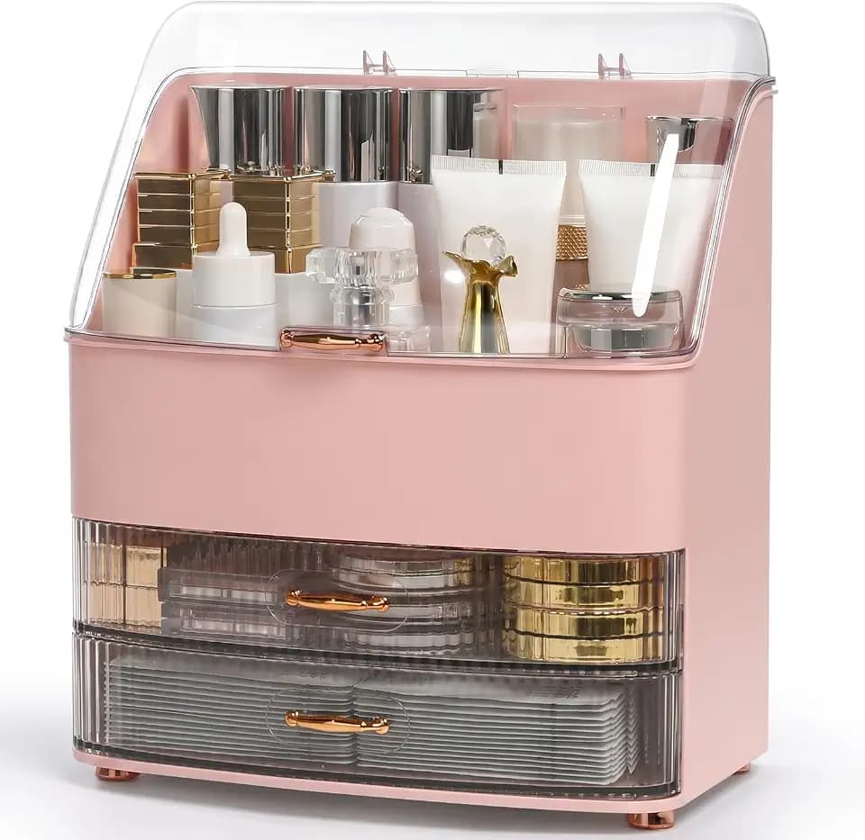 Makeup Organizer Countertop for Vanity with Lid and 2 Drawers, Pink