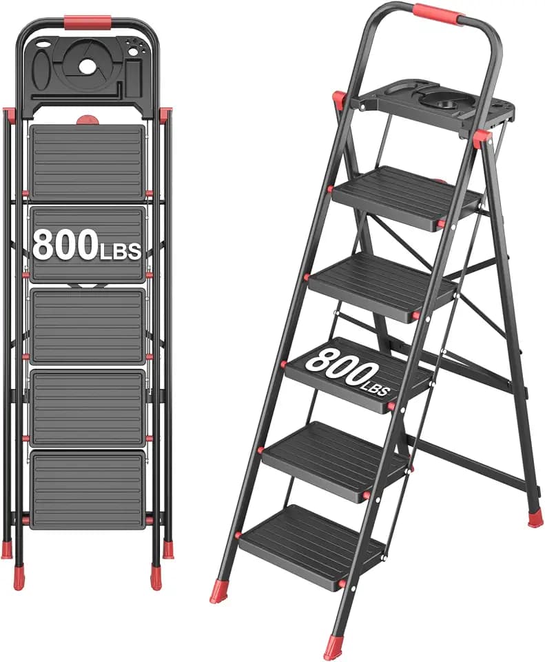 DIAMONDFORGE 5 Step Foldable Ladder with Multifunctional Tool Tray, Iron, Platform Ladders Stepstools, Folding with Non-Slip Pedals, 800 lbs Bearing Capacity for Adults/Home/Kitchen, Black Red