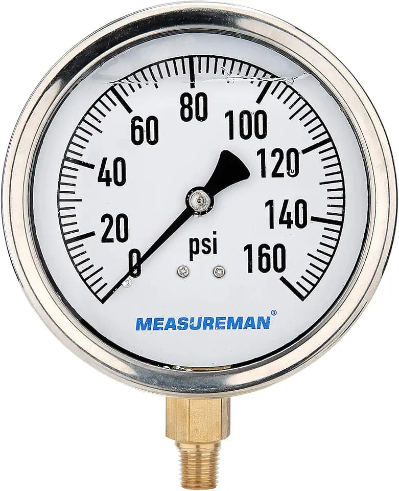 MEASUREMAN 4" Dial Size, Glycerin Filled Plumbing Pressure Gauge, 0-160psi, Stainless Steel Case, 1/4" NPT Lower Mount