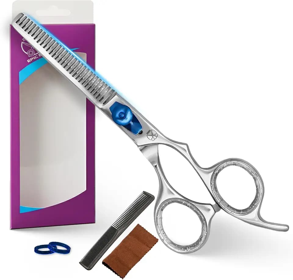 Epic Edge Hair Thinning Scissors 6.5 Inch Japanese Steel Barber Scissors Silver with Blue Screw Adjuster Professional Shears for Hair Cutting and Thinning Shears for Hair Cutting