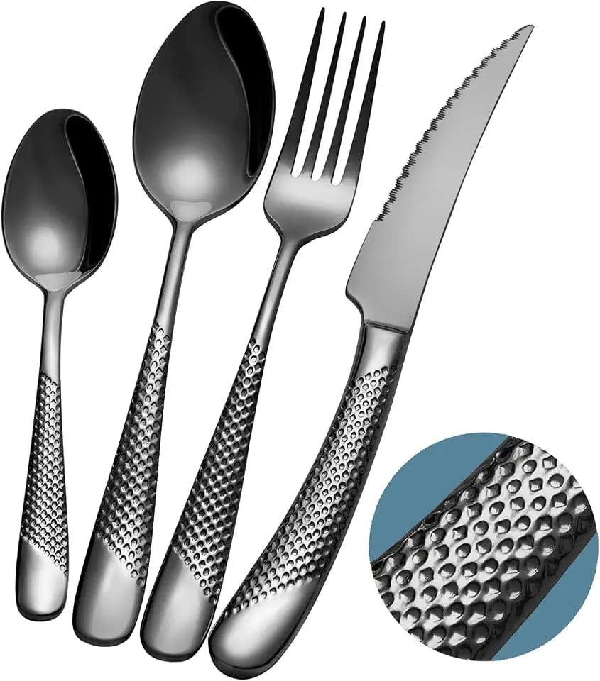 16-Piece Modern Black Hammered 18/10 Stainless Steel Silverware Set