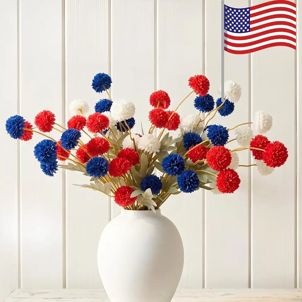 Red White and Blue Artificial Flower Arrangement 12 Stems with American Flag, 4th of July Table Decorations Centerpiece for Patriotic Home Decor, Independence Day Party, Memorial Day Decor