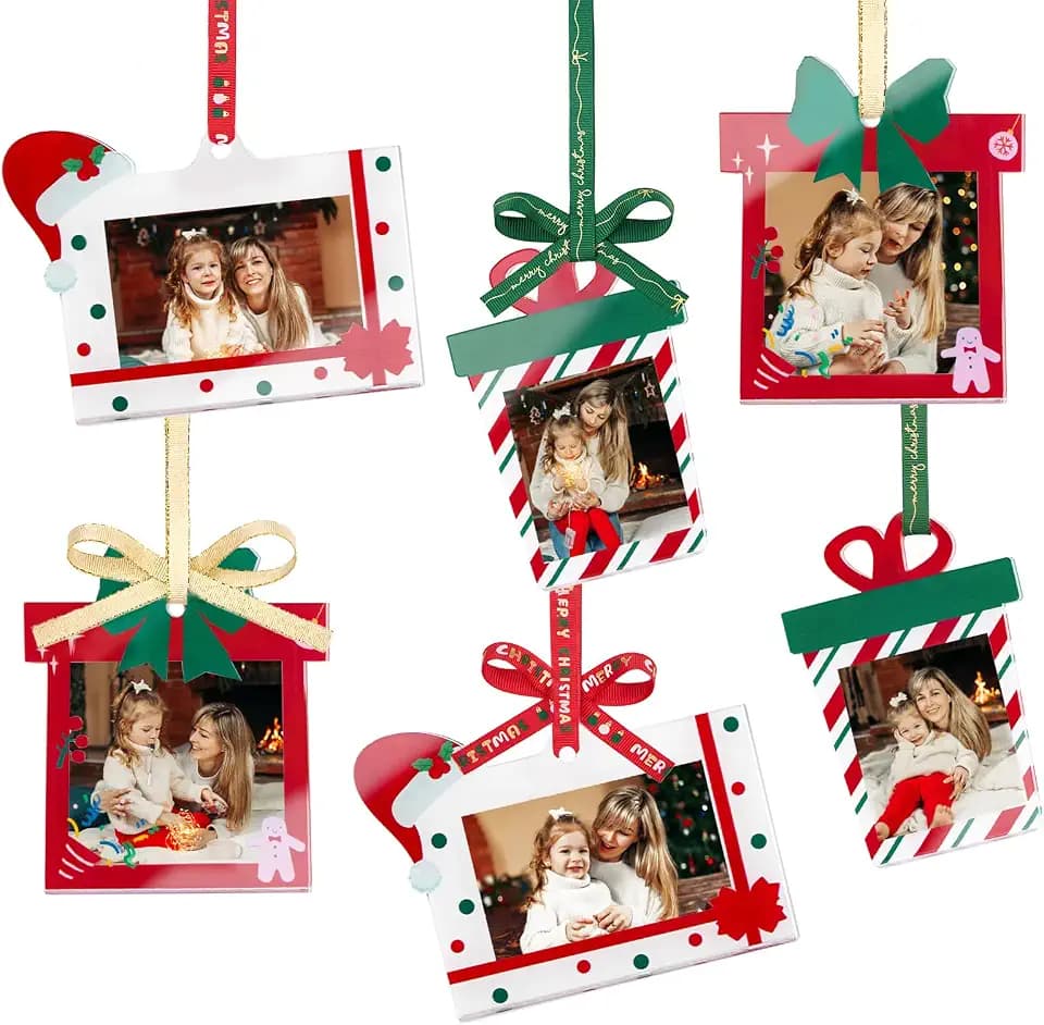 UNIQOOO Decorative Xmas Gift Acrylic Picture Frame Ornaments for Picture Display, 6Pcs Ribbon Bow Festive Hanging Decoration, Double-Sided Photo Frames for Christmas Tree Decor