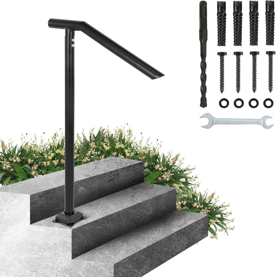 VEVOR 3Ft Step Railing, Iron Stair Handrail Floor Mounted Sturdy Black Arched Handrails for Outdoor Indoor Steps Fits 2 to 3 Steps